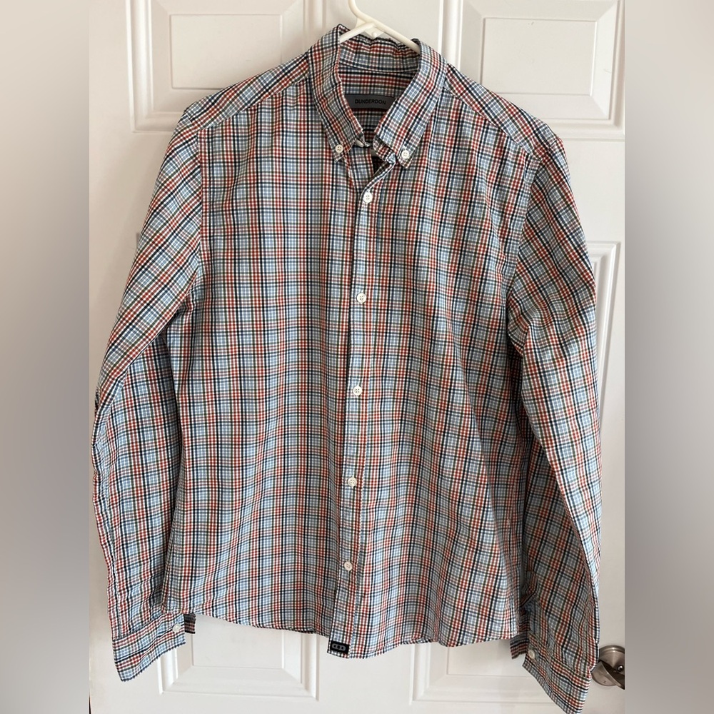 Dunderdon Shirt Mens Large Blue‎ Long Sleeve Check Poplin Button Up 100% Cotton